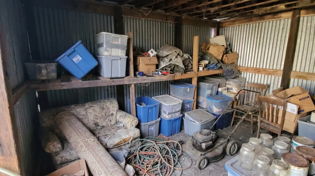 Cluttered shed before a junk removal project in Denton