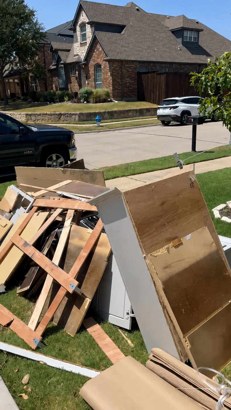 Old cabinets and renovation debris before removal at a Frisco home